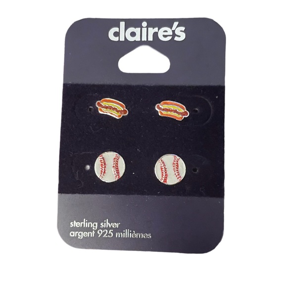 BNWT Claire’s Sterling Silver 925 Baseball and Hot Dog Earrings (2 pack) - Picture 1 of 3
